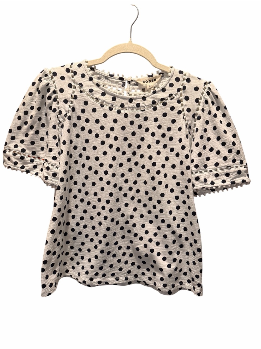 Boden Feminine White & Black Polka Dot Puff Sleeve Top W/ Lace Trim Size 8 US